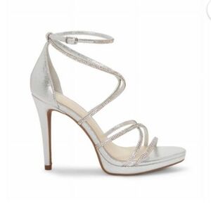 Womens Jessica Simpson Silver Strappy Heels In Silver With Rhinestones, Size 7.5